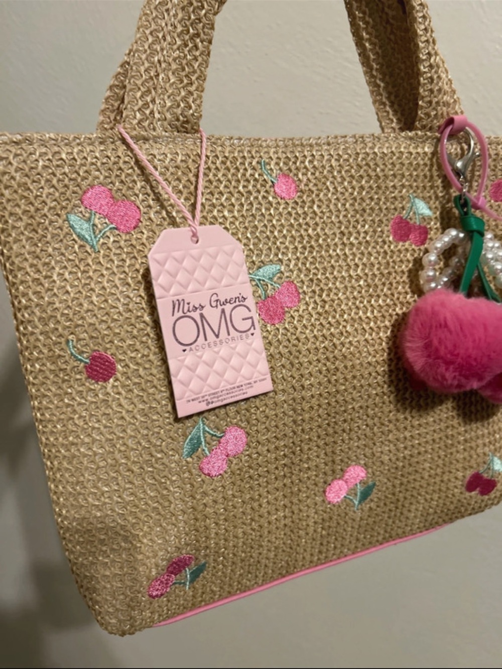 NWT Straw Tote Bag with Pink Cherry Embroidery and removable bag charm - Picture 3 of 7